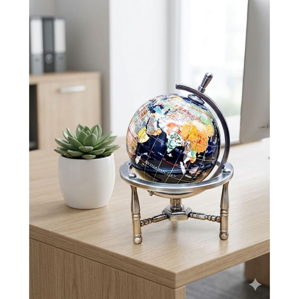 Vintage precious stone Inlaid Desktop Globe  7 x5.5 EUC